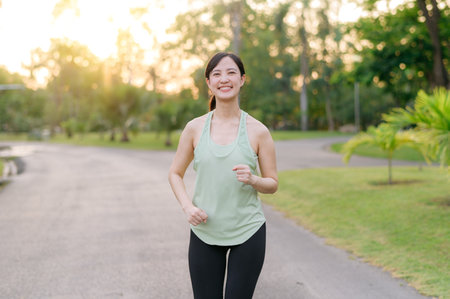 Fit young Asian woman jogging in park smiling happy running and enjoying a healthy outdoor lifestyle. Female jogger. Fitness runner girl in public park. healthy lifestyle and wellness being conceptの写真素材