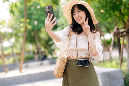 Portrait of young asian woman traveler with weaving hat, basket, mobile phone and camera on green public park background. Journey trip lifestyle, world travel explorer or Asia summer tourism concept.の写真素材