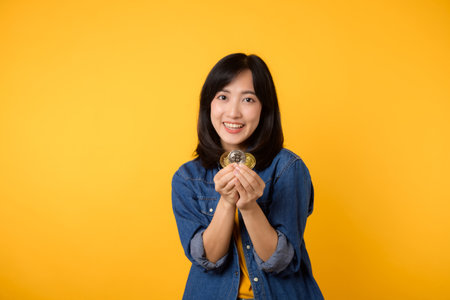 Happy asian young woman wearing yellow t-shirt denim shirt holding digital crypto currency coin isolated on yellow background. Digital currency financial concept.の写真素材