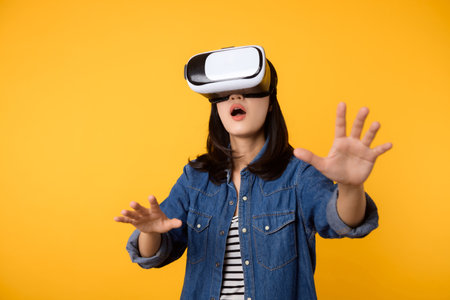 Asian young woman get experienced wearing virtual reality headset game entertainment isolated on yellow background. Winner of cyber future video game concept.の写真素材
