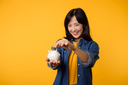 Happy asian young woman wearing yellow t-shirt denim shirt saving digital crypto currency to piggy bank isolated on yellow background. Digital money saving investment concept.の写真素材
