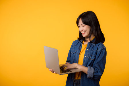 portrait happy young woman wearing yellow t-shirt and denim shirt holding laptop and use notebook isolated on yellow studio background. business technology application communication concept.の写真素材
