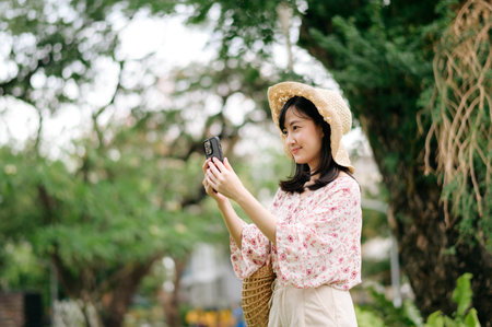 Portrait of young asian woman traveler with weaving hat and basket using mobile phone on green park nature background. Journey trip lifestyle, world travel explorer or Asia summer tourism concept.の写真素材