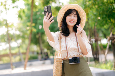 Portrait of young asian woman traveler with weaving hat, basket, mobile phone and camera on green public park background. Journey trip lifestyle, world travel explorer or Asia summer tourism concept.の写真素材