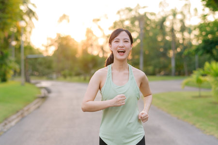 Fit young Asian woman jogging in park smiling happy running and enjoying a healthy outdoor lifestyle. Female jogger. Fitness runner girl in public park. healthy lifestyle and wellness being conceptの写真素材