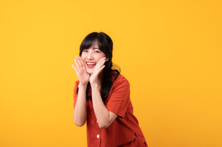 Portrait beautiful young asian woman happy smile dressed in orange clothes shout to free space isolated on yellow studio background. Presenting product Beautiful girl act like telling to customerの写真素材