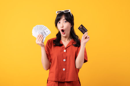 portrait of successful happy confident young asian woman happy smile wearing orange clothes holding cash money and credit card standing over yellow background. millionaire business, shopping conceptの写真素材