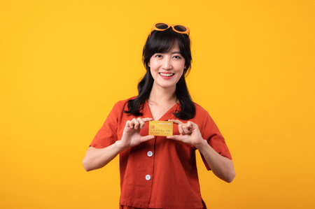Portrait beautiful young asian woman happy smile dressed in orange clothes showing credit card isolated on yellow background. Pay and purchase shopping payment concept.の写真素材