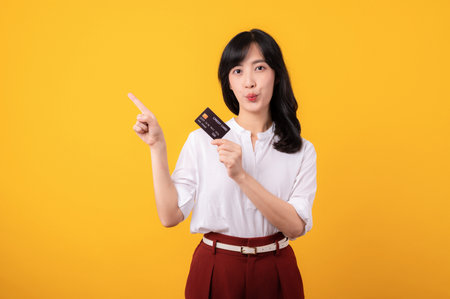 Portrait young beautiful asian woman enterpriser happy smile wearing white shirt and red plants pointing finger gesture to free copy space and holding credit card isolation on yellow background.の写真素材