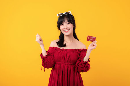 Portrait beautiful young asian woman happy smile dressed in red clothes showing credit card isolated on yellow background. Pay and purchase shopping payment concept.の写真素材