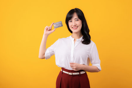 Portrait young beautiful asian woman enterpriser happy smile wearing white shirt and red plants holding credit card isolation on yellow background. Money online payment concept.の写真素材