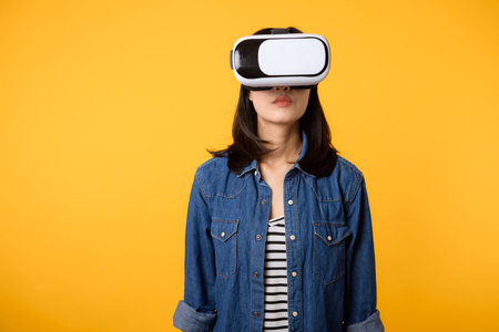 Asian young woman get experienced wearing virtual reality headset game entertainment isolated on yellow background. Winner of cyber future video game concept.の写真素材