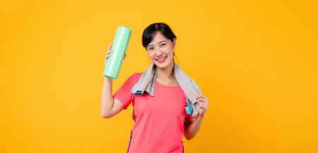 Portrait asian young sports fitness woman happy smile wearing pink sportswear and face towel doing exercise training workout against yellow studio background. wellbeing and healthy lifestyle concept.の写真素材