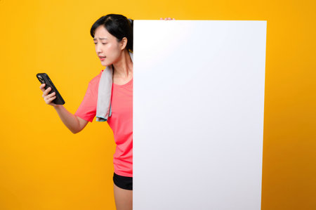 asian young sports fitness woman happy smile wearing pink sportswear standing behind the white blank banner or empty space advertisement board against yellow background. wellbeing application concept.の写真素材