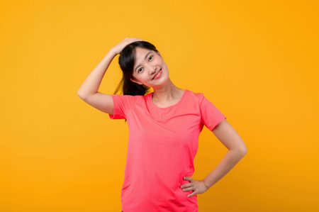Portrait young beautiful asian sports fitness woman happy smile wearing pink sportswear posing exercise training workout isolated on yellow studio background. wellbeing and healthy lifestyle concept.の写真素材