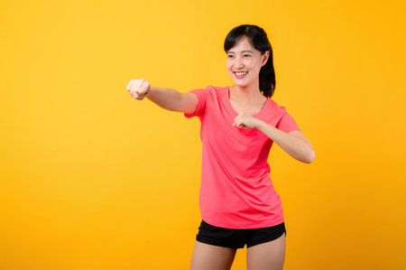 Portrait young beautiful asian sports fitness woman happy smile wearing pink sportswear posing exercise training workout isolated on yellow studio background. wellbeing and healthy lifestyle concept.の写真素材
