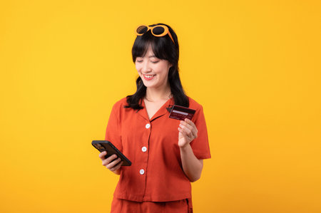Portrait beautiful young asian woman happy smile dressed in orange clothes using credit card purchase shopping online on smartphone isolated on yellow background. Pay and purchase payment concept.の写真素材