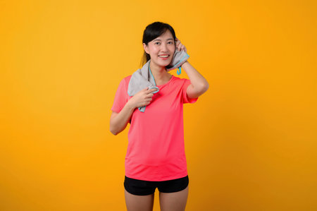 Portrait asian young sports fitness woman happy smile wearing pink sportswear and face towel doing exercise training workout against yellow studio background. wellbeing and healthy lifestyle concept.の写真素材