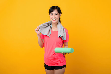 Portrait asian young sports fitness woman happy smile wearing pink sportswear and face towel doing exercise training workout against yellow studio background. wellbeing and healthy lifestyle concept.の写真素材