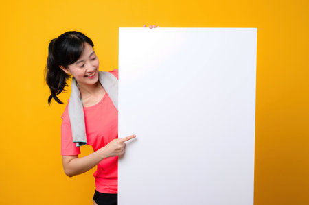 asian young sports fitness woman happy smile wearing pink sportswear standing behind the white blank banner or empty space advertisement board against yellow background. wellbeing lifestyle concept.の写真素材