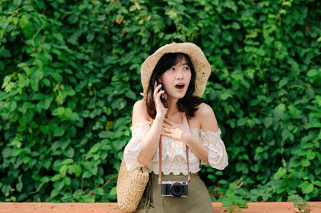 Portrait of young asian woman traveler with weaving hat, basket, mobile phone and camera on green public park background. Journey trip lifestyle, world travel explorer or Asia summer tourism concept.の写真素材