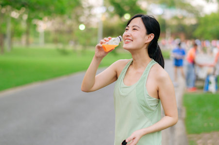Female jogger. Fit Asian young woman with green sportswear drinking organic orange juice after running and enjoying a healthy outdoor. Fitness runner girl in public park. Wellness being conceptの写真素材