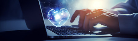 Doctor in modern office utilizes laptop and digital tools for online cardiology consultation. cardiologist monitoring heart data in digital realm.の素材