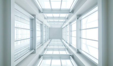 inside view of a modern, white building with lots of windows, in the style of atmospheric illusionism, precisionist lines, layered translucency, symmetrical compositions, highly detailedの素材