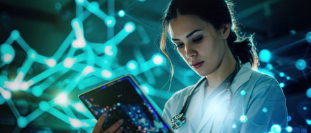 woman doctor research chemistry medicine health biology chart on hologram computer tablet. medical scientist in future science laboratory analysis interface display futuristic data diagram technologyの素材