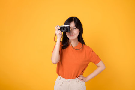 portrait young cheerful 30s asian woman happy smile with posing a camera isolated on yellow studio...