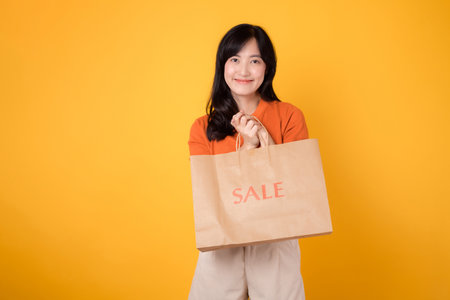 Portrait happy attractive young 30s asian woman with trendy springtime dress, orange shirt fashion and paper bag isolated on yellow background. Summertime sale shopping concept.の写真素材