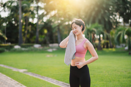 Happy asian 30s woman in pink sportswear wipes her cheek after sunset workout in nature. Captures beauty of healthy lifestyle and perfect for project promoting fitness, health, or motivation.の写真素材