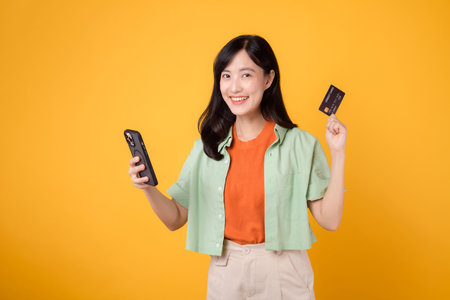 thrill of shopping from mobile with a captivating young Asian woman 30s, elegantly dressed in orange...