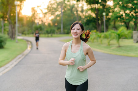Fit young Asian woman jogging in park smiling happy running and enjoying a healthy outdoor lifestyle. Female jogger. Fitness runner girl in public park. healthy lifestyle and wellness being conceptの写真素材
