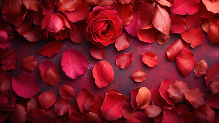 top view image of intricate red rose petals, creating a visually stunning composition. Perfect for romantic occasions, valentines, weddings, and more. Explore the beauty of love in every detail.の素材