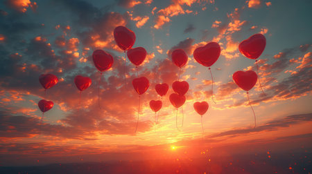 hyper realistic of heart balloons floating in sunset sky. vibrant color palette, focusing on shades of red and pink. joyful and romantic atmosphere with the balloons gently floating.の素材