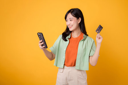Experience the thrill of mobile shopping with a vibrant young Asian woman 30s, donning orange shirt...
