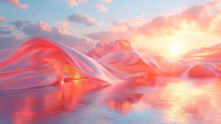 3D abstract silk cloth floating in the pastel sunset landscape. Futuristic cyberpunk hyper realism details reflective holographic flow silk. peaceful calm background concept.の素材