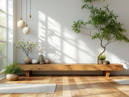 White color wall Background, minimal living room interior decor with TV cabinet. plain light mock up. wooden furniture.の素材