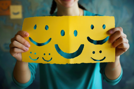 Hands holding happy smile face for medical care concept. face happy, sad, and angry person, mental health positive thinking.の素材