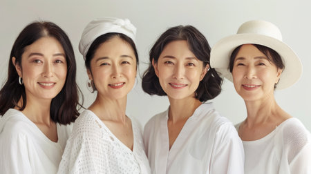 Beauty image of a group of middle aged Japanese women wearing natural color outfits Skin care Cosmeticsの素材