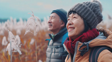 Portrait cheerful smiling middle age asian woman hiking walking with her husband enjoying free time and nature. Active beautiful seniors in love together at winter dayの素材