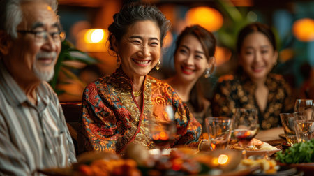 family sharing a leisurely meal on a relaxing holidayの素材