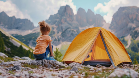 Child traveling with camping tent gear active family vacations kid hiking outdoor healthy lifestyle adventure trip exploring mountainsの素材