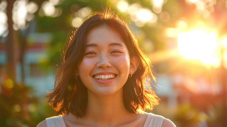 happy asian woman in bright tone daylight sunny dayの素材