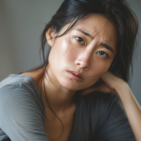 worried asian woman in bright daylightの素材