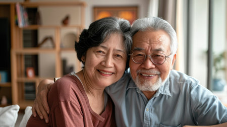 Portrait of couple of happy mature asian people in love hugging and looking at the camera smiling and having fun at home. Two cute seniors enjoying indoors together.の素材