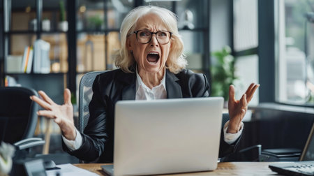 Mad senior businesswoman sitting with laptop at workplaceの素材