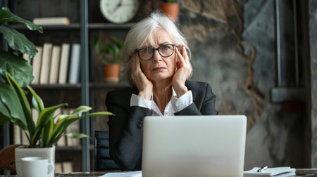 Mad senior businesswoman sitting with laptop at workplaceの素材