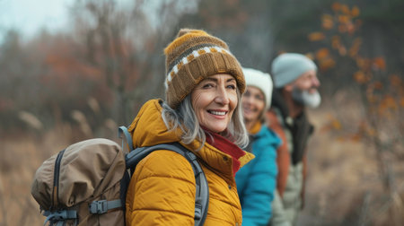 Portrait cheerful smiling middle age woman hiking walking with her husband enjoying free time and nature. Active beautiful seniors in love together at winter dayの素材